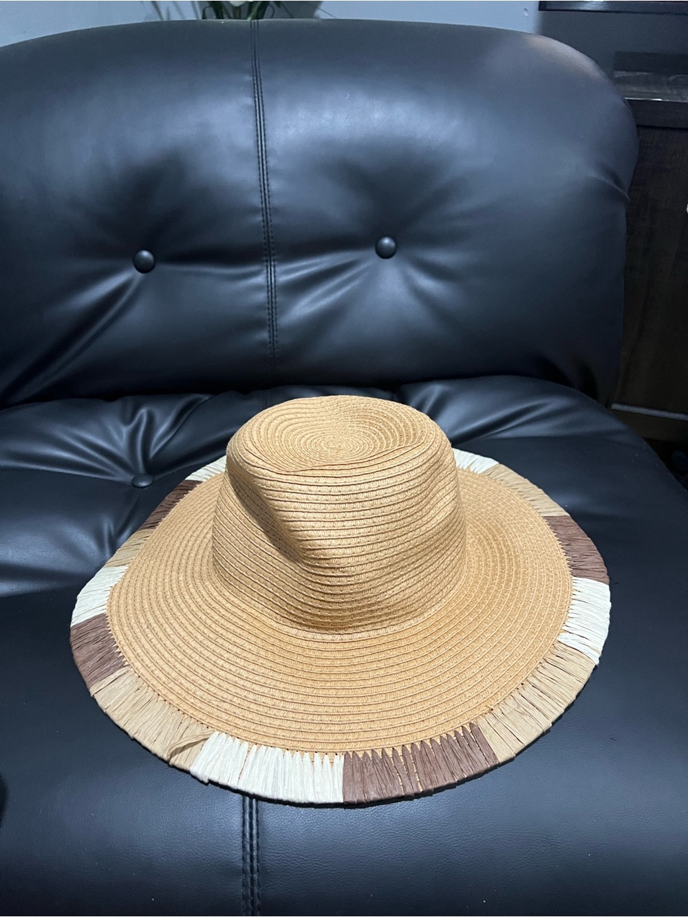 INC International Concepts Tan Straw Sun Hat with Cream & Brown Fringe
